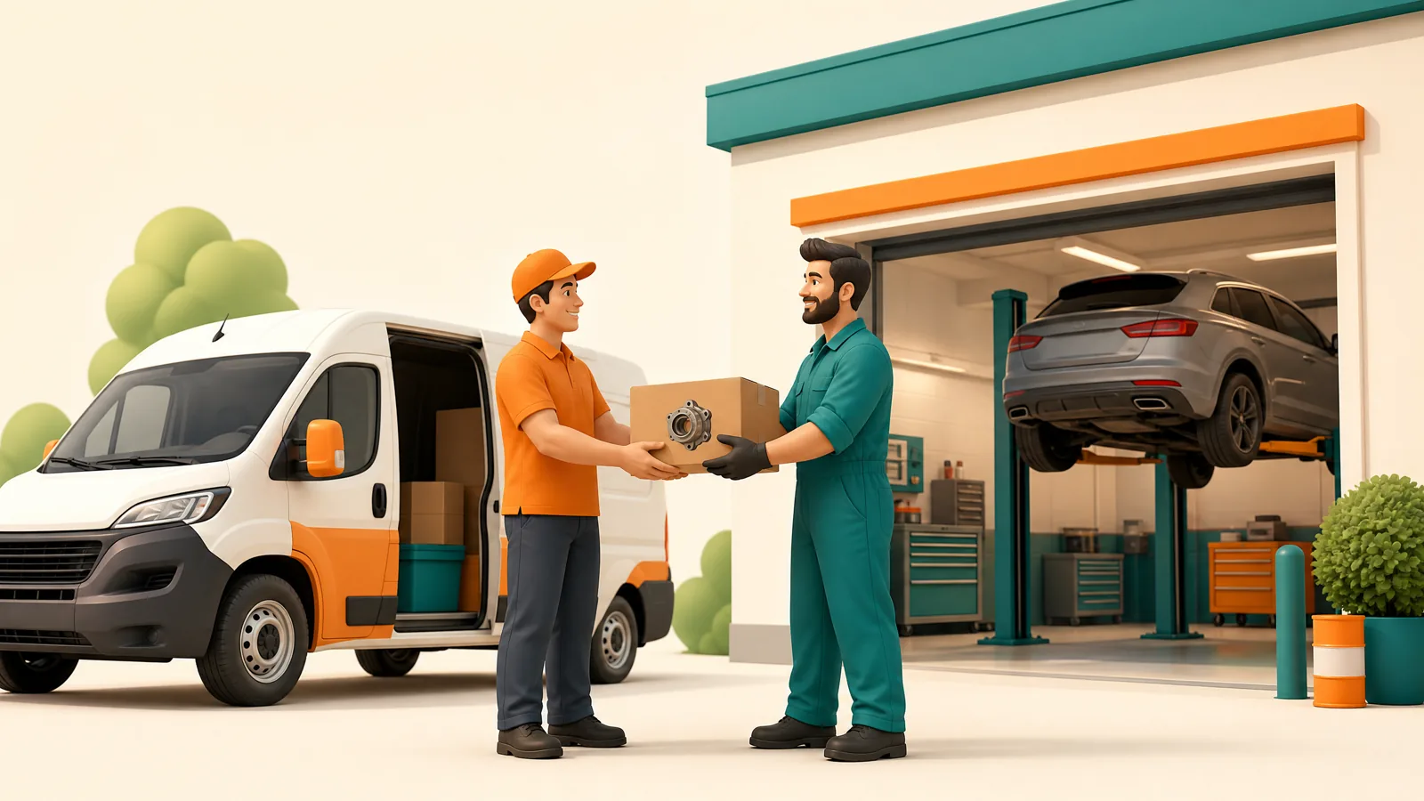 A delivery driver handing a boxed auto part from a small van to a mechanic outside a repair shop with a car on a lift inside