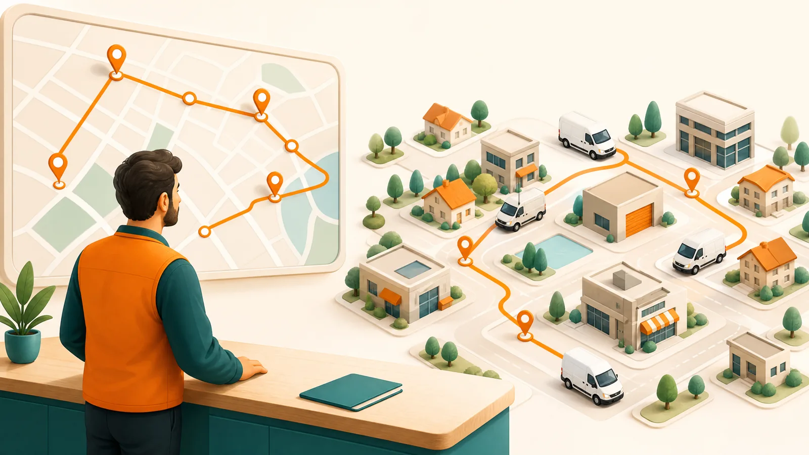 A parts store dispatcher at a counter looking at a map of delivery stops with several vans positioned around a town