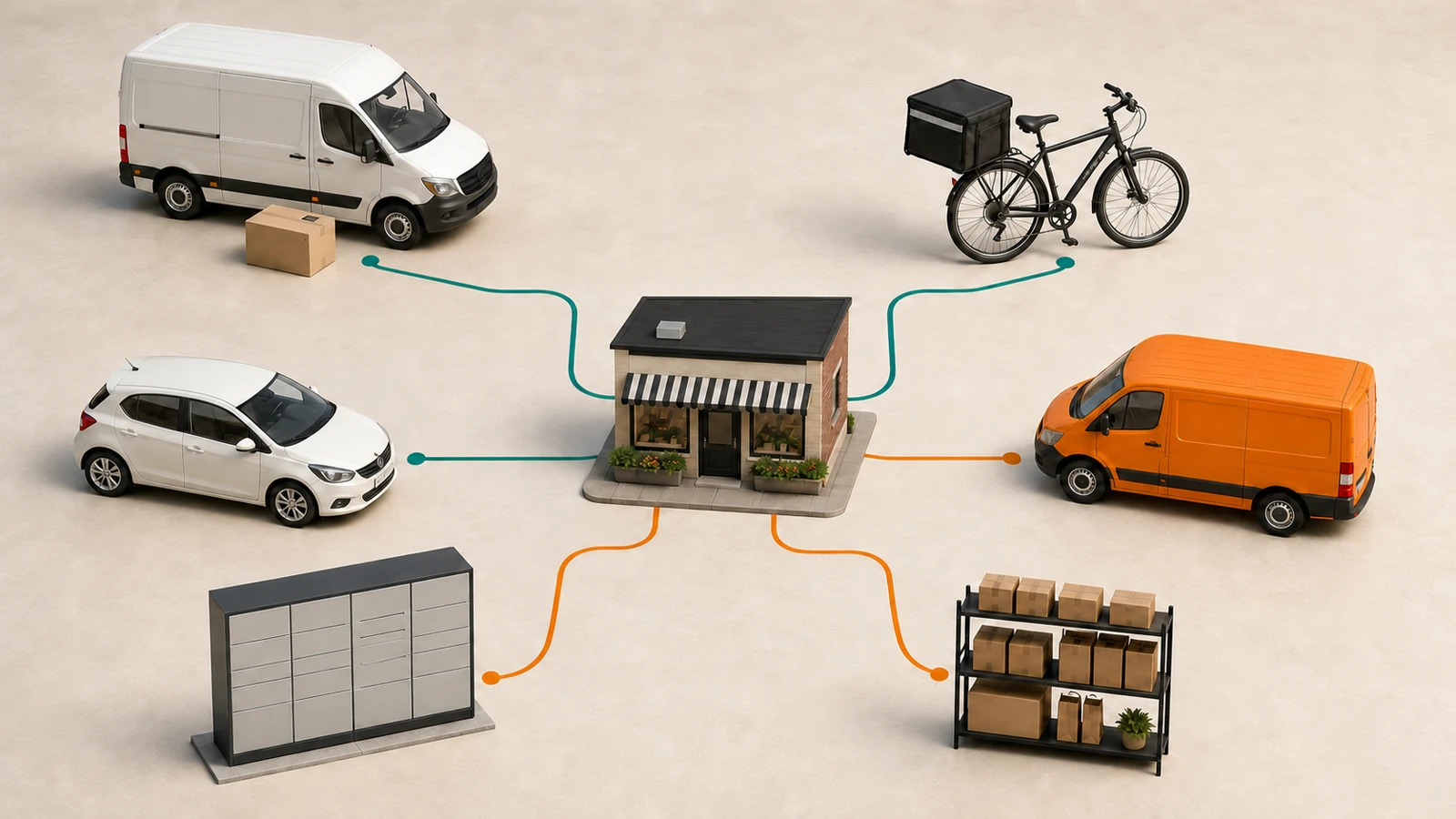 Five delivery options for a small business shown around a shop: parcel vans, an urgent car, a pickup shelf, and a locker