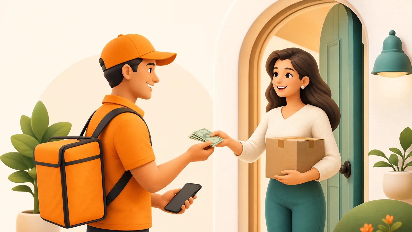 Delivery driver collecting cash from a customer at the front door while holding a smartphone