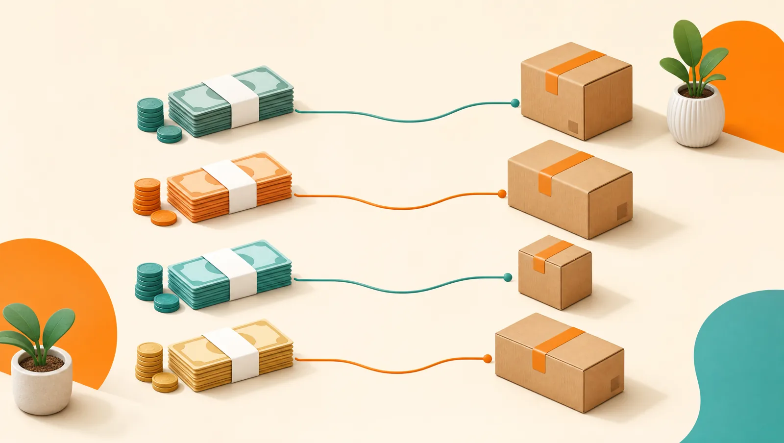 Stacks of cash and coins each linked by a line to a separate parcel, showing money matched to orders