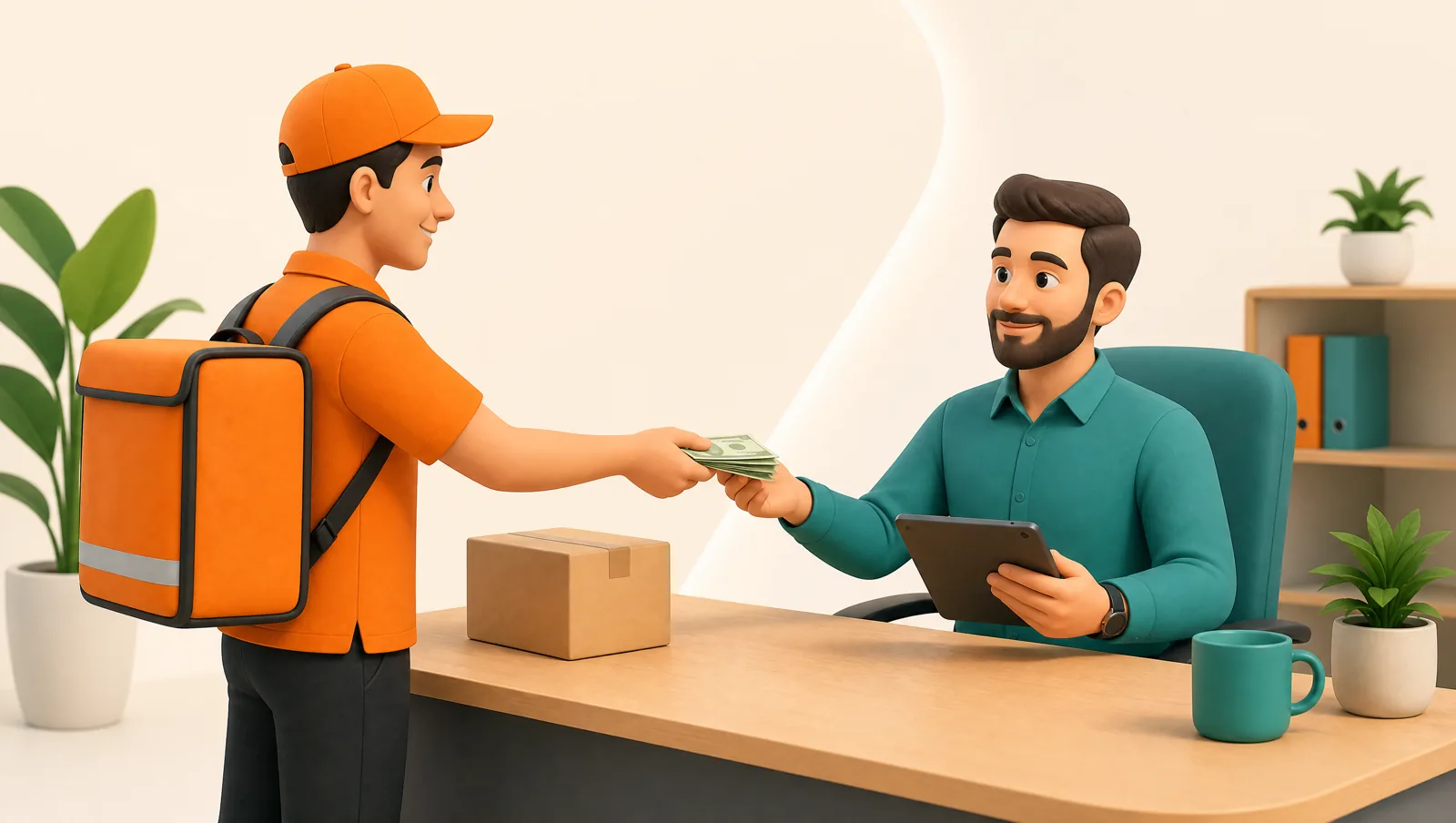 Driver handing a stack of cash to a dispatcher reviewing a tablet at the end of the day