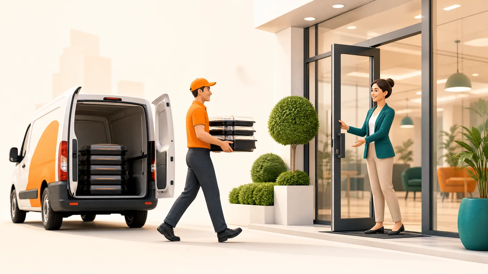 Catering driver carrying stacked covered trays from an open delivery van to an office entrance where a colleague holds the door