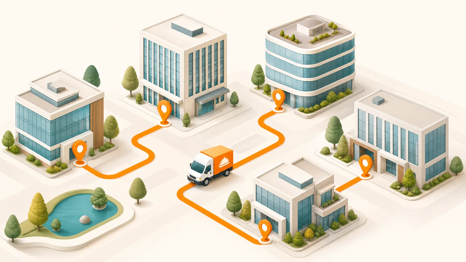 Isometric neighbourhood with a catering van following an orange route line between office buildings marked by orange map pins