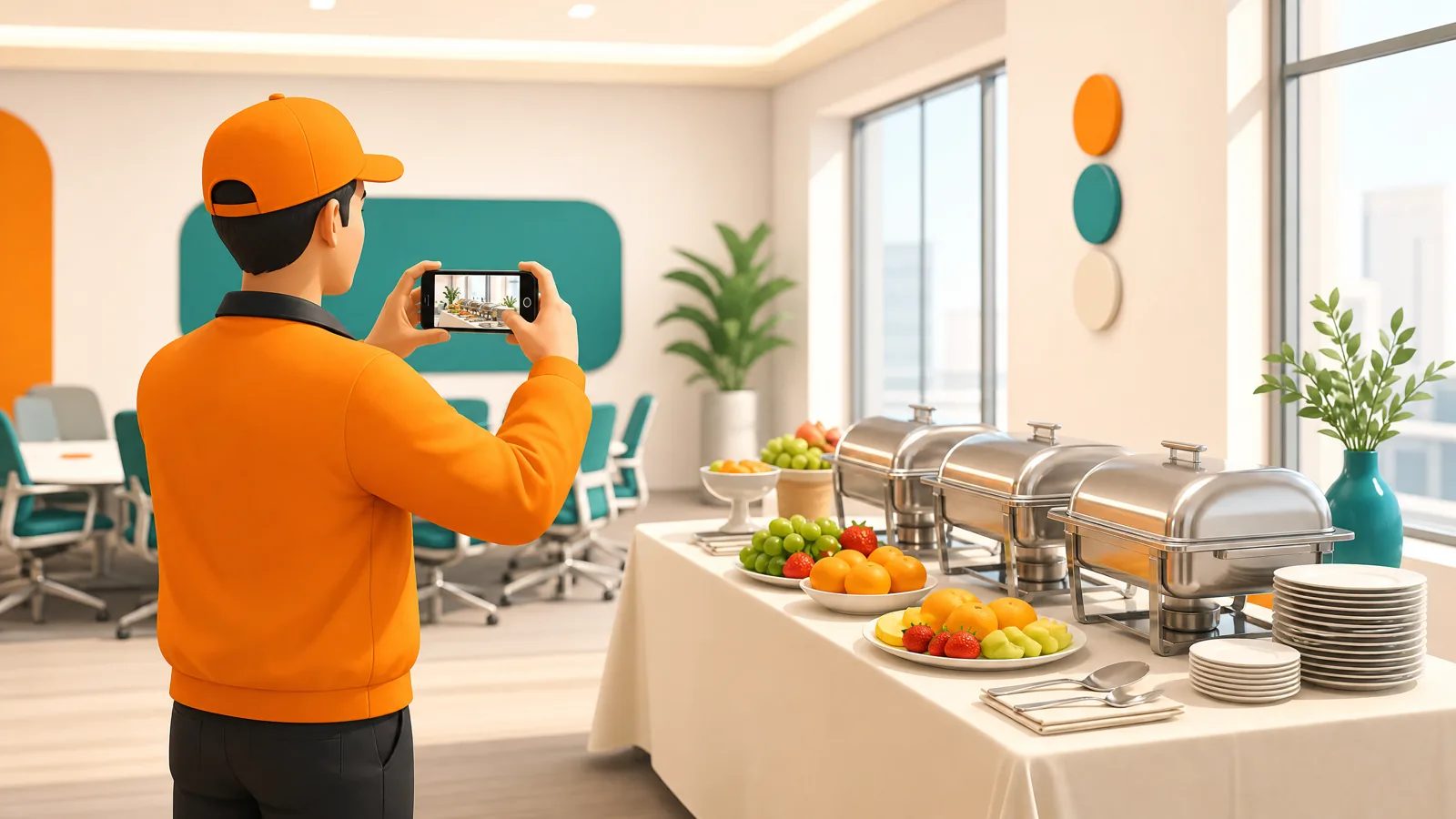 Driver photographing a fully set-up buffet table with chafing dishes and fruit platters in a bright office meeting room