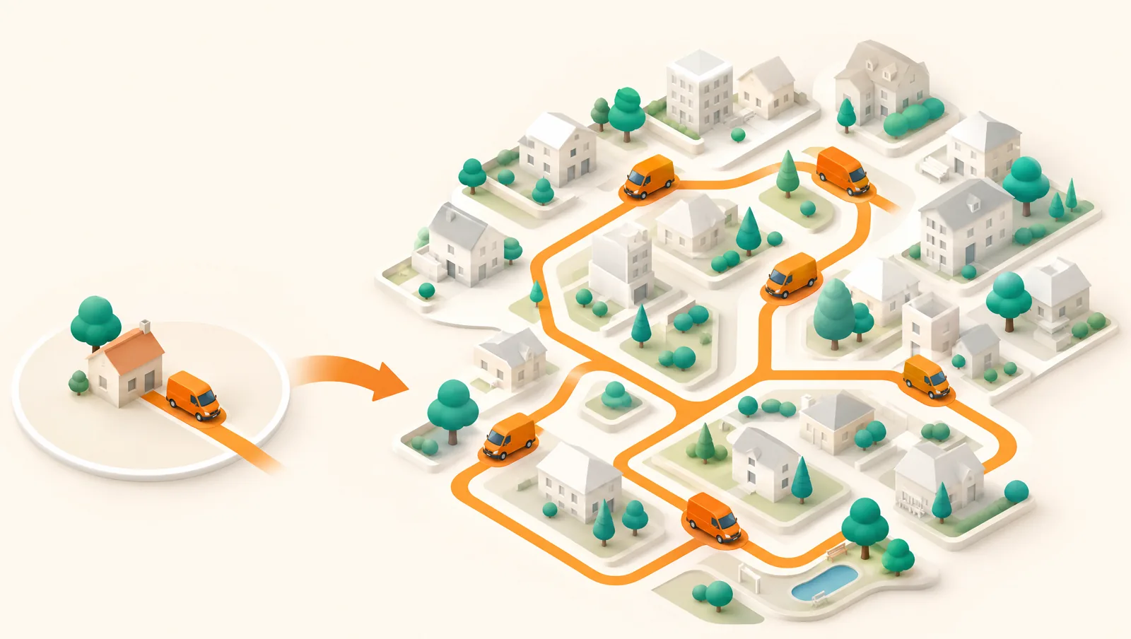 A single delivery van on one short route expanding into several vans on branching routes across a larger neighbourhood