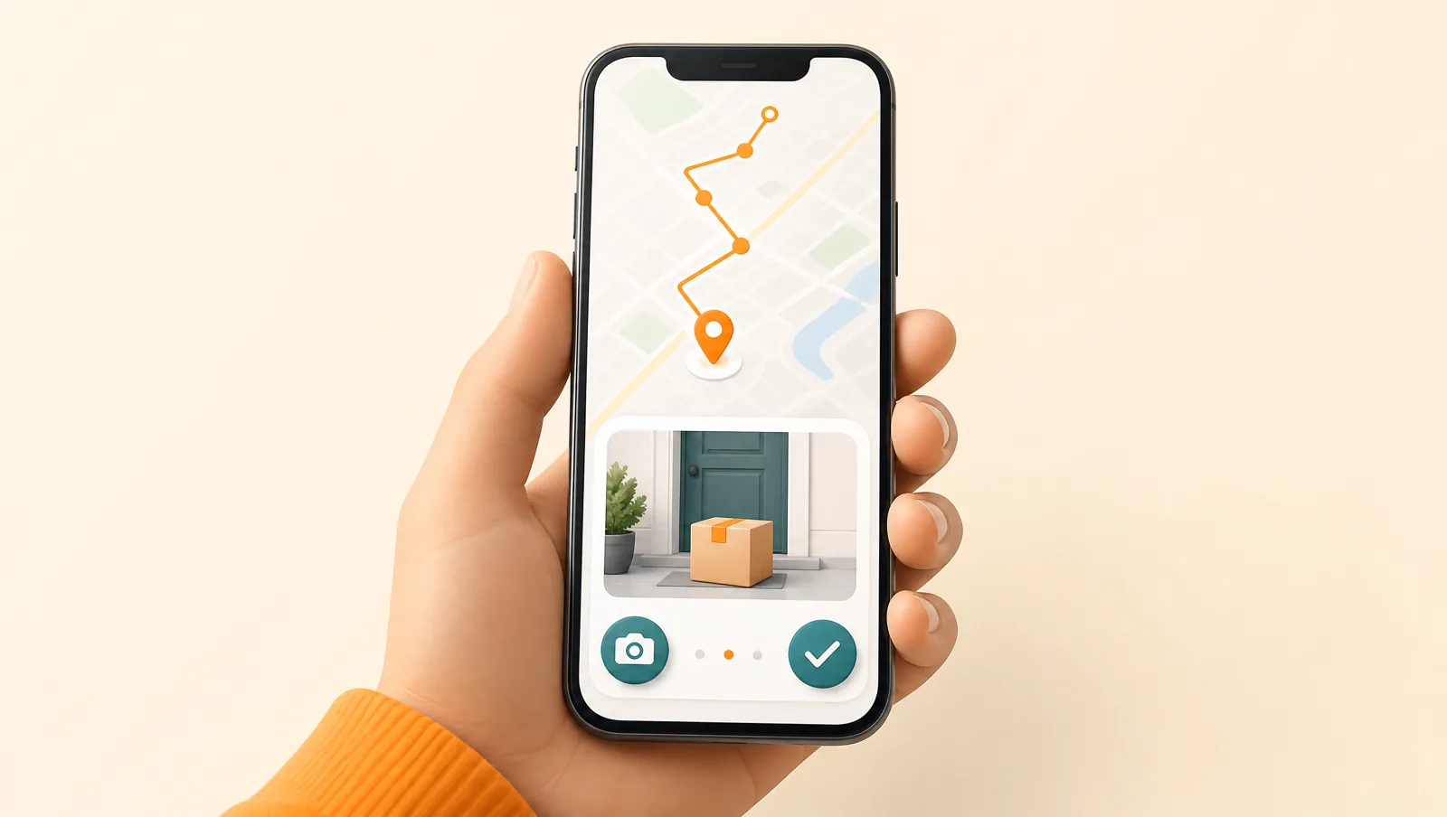 A hand holding a phone showing a route to a destination pin, a photo of a parcel at a doorstep, and camera and checkmark buttons for proof of delivery
