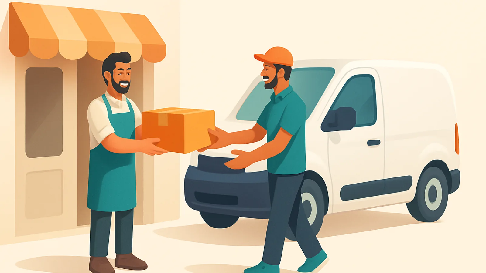 A local shop owner handing a carefully packed order to an independent delivery driver beside a compact van