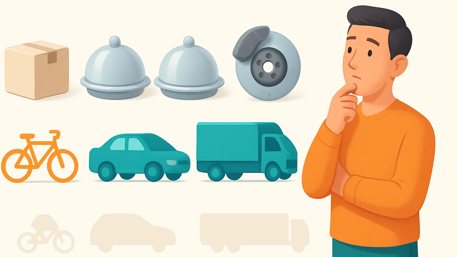 A business owner comparing delivery choices for a small parcel, catering trays, an auto part, and a large box with matching vehicle icons