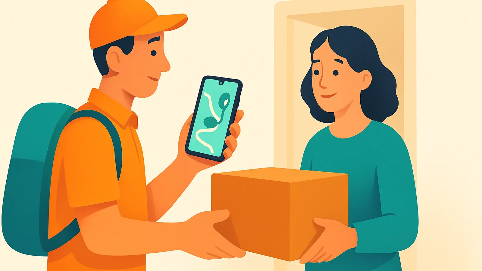 An independent driver completing a doorstep handoff while a phone shows a simple route and delivery confirmation symbol