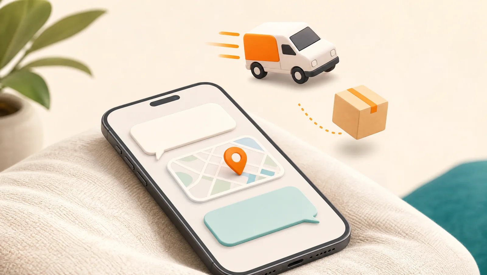 A phone on a soft surface showing chat message bubbles with a small map thumbnail and an orange location pin, a delivery van and a parcel floating above it