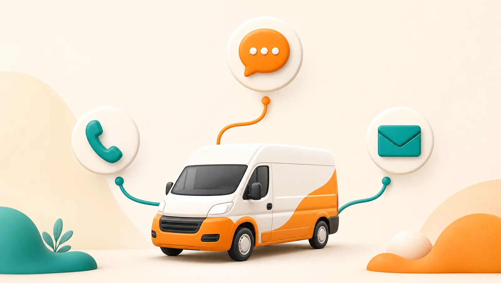 A delivery van in the center connected by soft lines to three rounded channel icons: a chat bubble, a phone handset for SMS, and an envelope for email