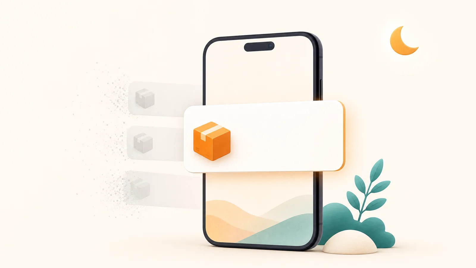 A phone showing one clean highlighted notification card with an orange parcel icon while faint duplicate cards dissolve behind it, and a small crescent moon for quiet hours