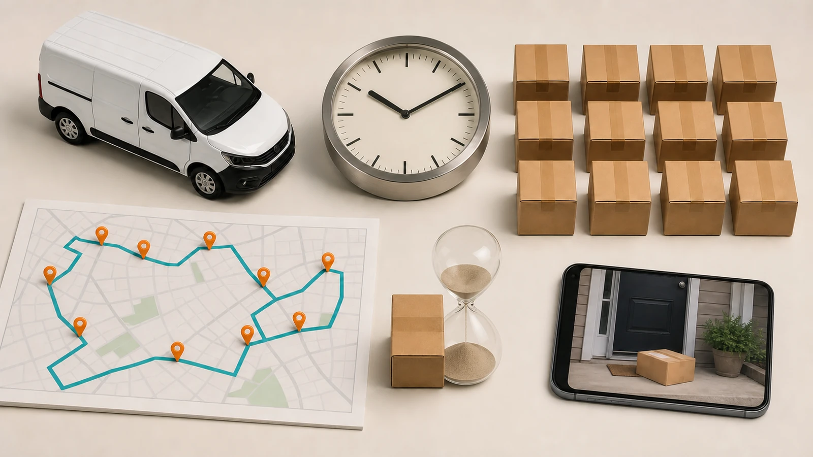 A realistic capacity desk with a delivery van, working clock, twelve parcels, route map, hourglass, and proof-of-delivery phone