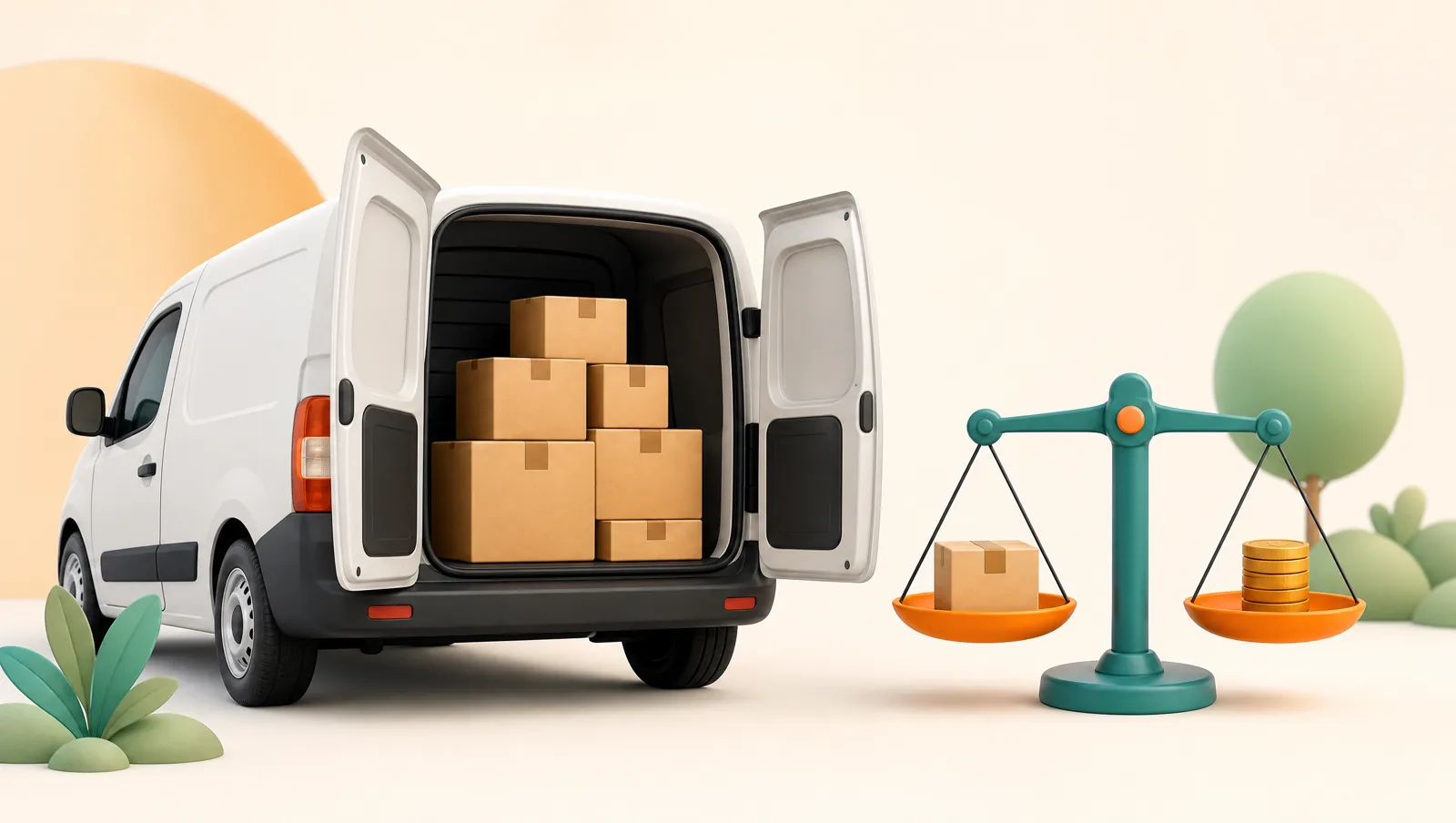 Delivery van loaded with parcels beside a balance scale weighing a parcel against a stack of coins