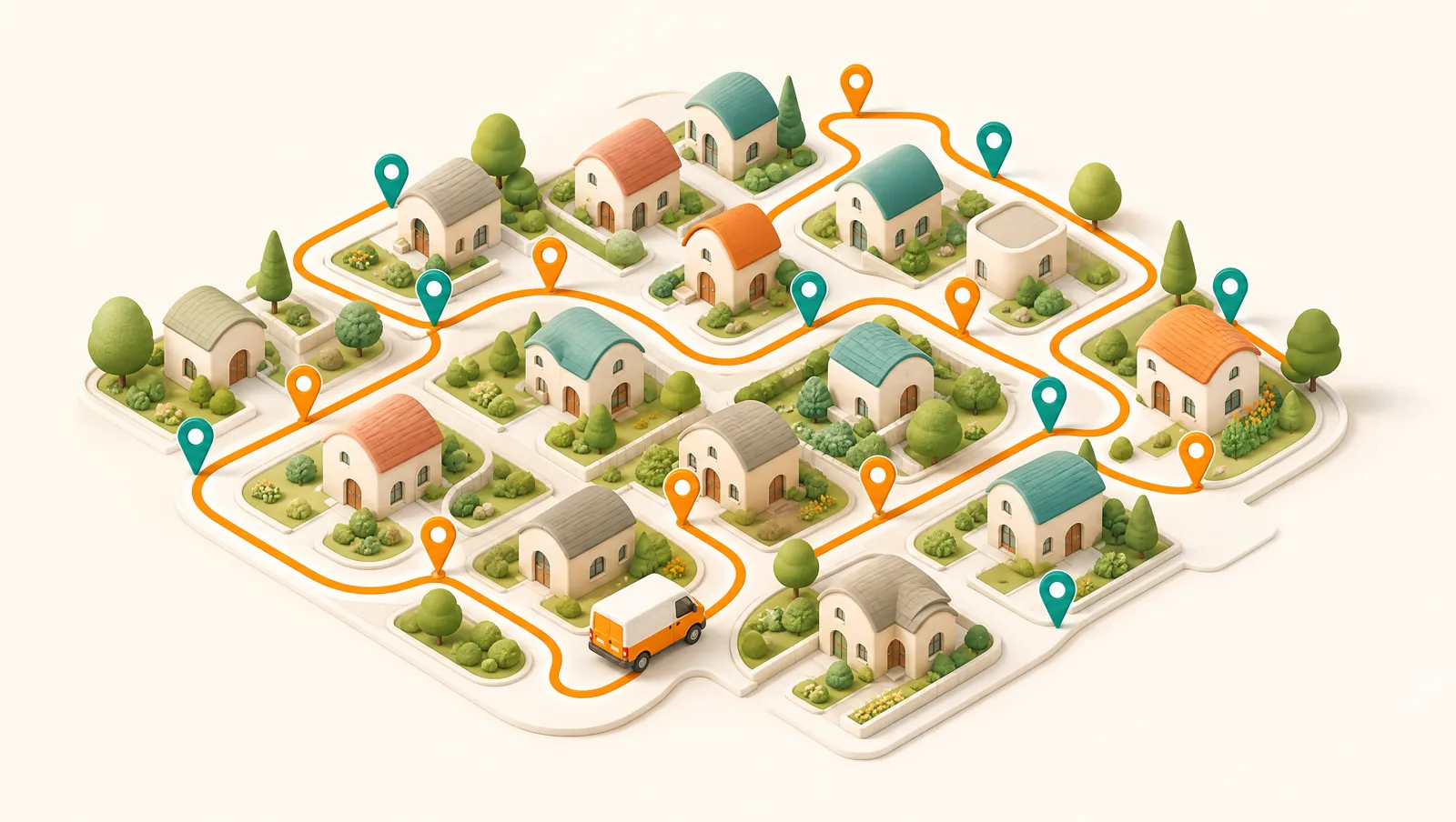 Isometric neighbourhood with one orange route line weaving between many map pins and a small delivery van