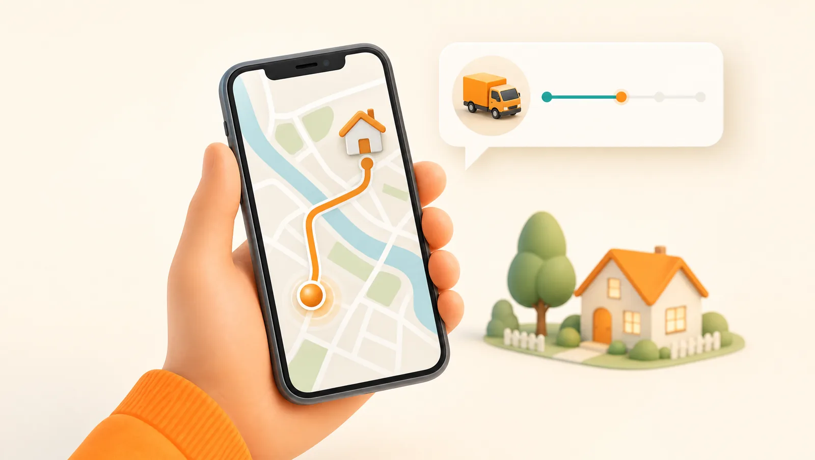 Hand holding a phone showing a live tracking map with an orange dot and a delivery progress notification