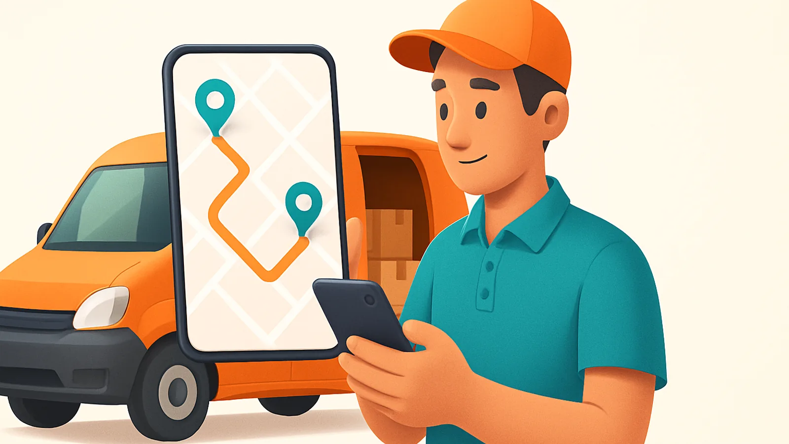 A friendly delivery driver beside a small van looking at a phone that shows an optimized route with map pins