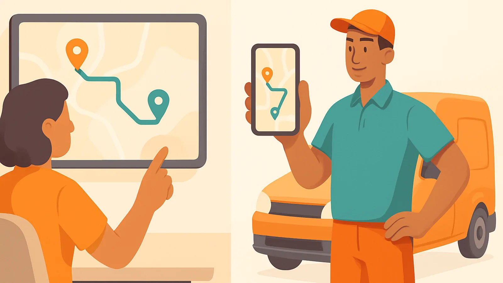 A dispatcher sending a delivery route to a new driver’s phone with a single tap, the driver ready to set off
