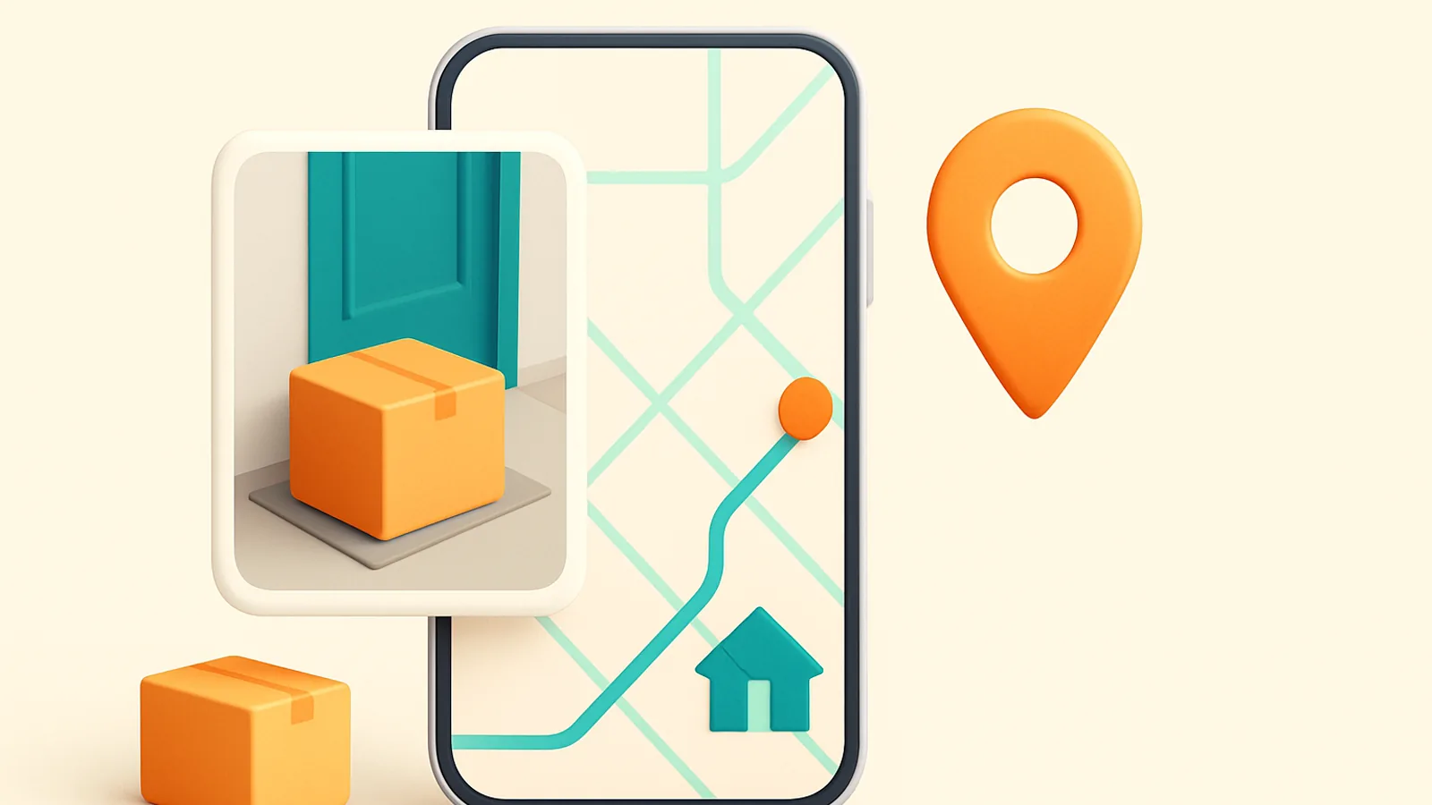 A phone showing a proof-of-delivery photo at a doorstep beside a live map tracking dot moving along a route