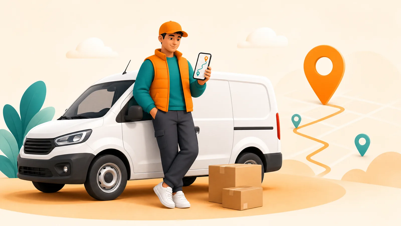 Confident delivery driver leaning on a compact van, holding a phone that shows a route with map pins
