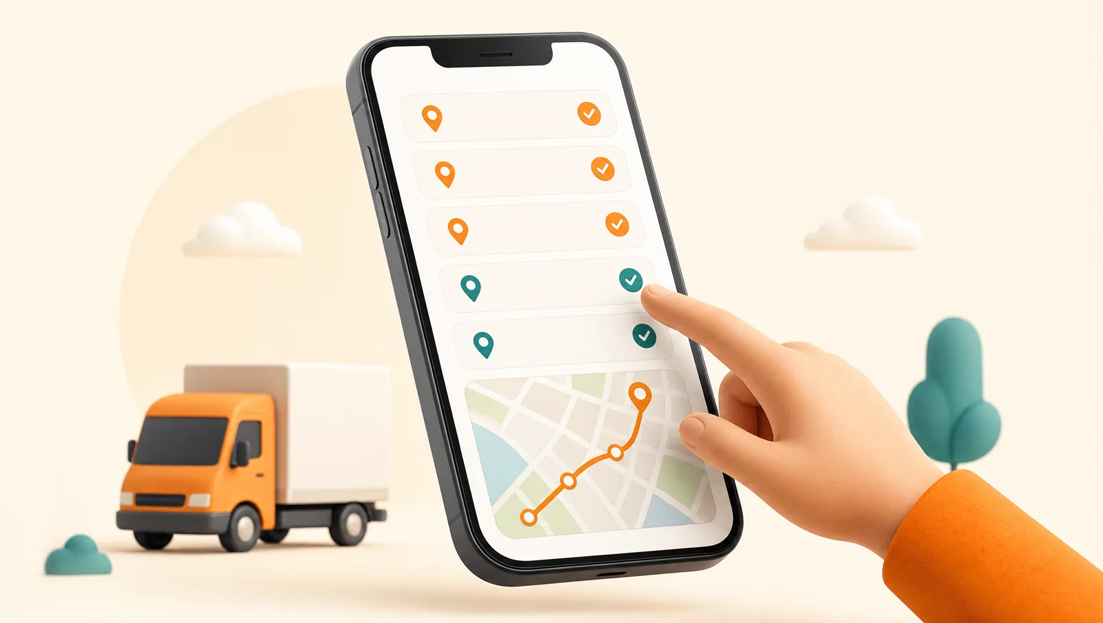 Smartphone showing a delivery stop checklist with location pins and tick marks, a finger tapping a row