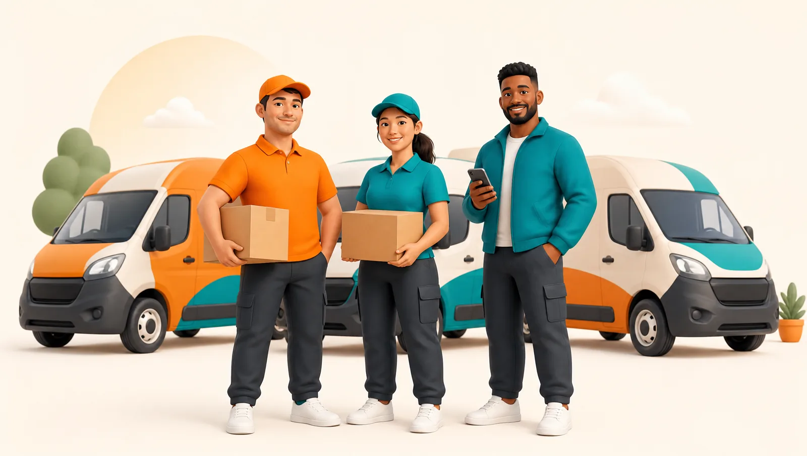 Three delivery drivers standing together with parcels in front of a row of branded delivery vans