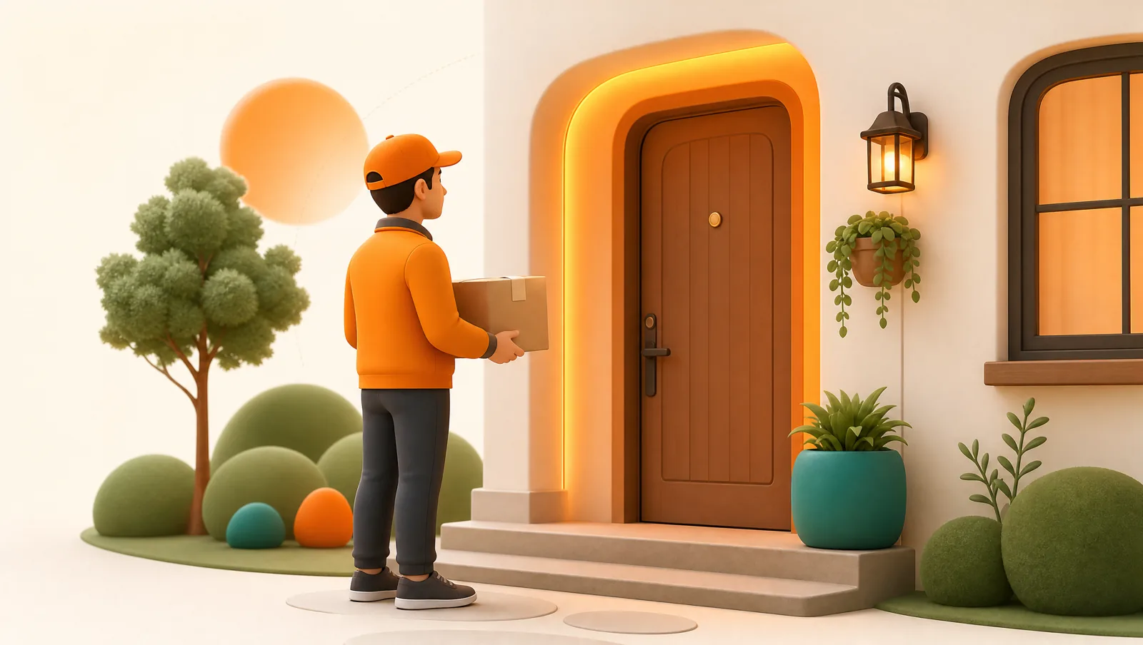 A delivery driver at a customer’s front door with a parcel but no one answering, a warm orange glow marking the interrupted delivery