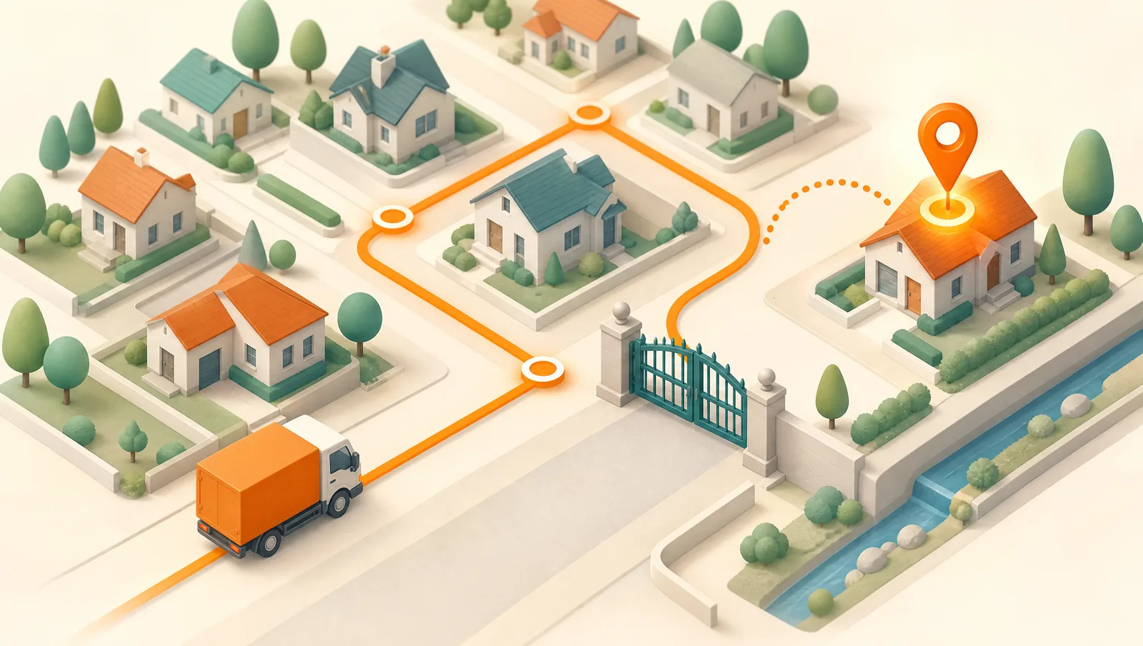 An isometric neighbourhood with an orange delivery route line and one map pin off-track at a locked-gate address
