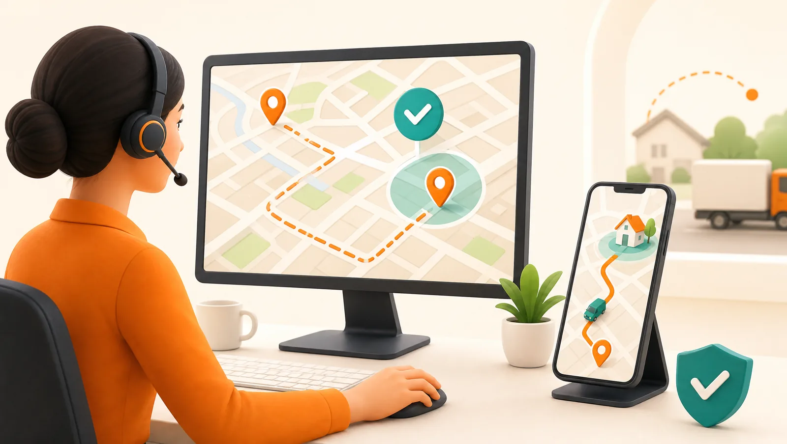 A dispatcher validating delivery addresses on a map screen beside a phone showing a live tracking dot moving along an orange route to a house