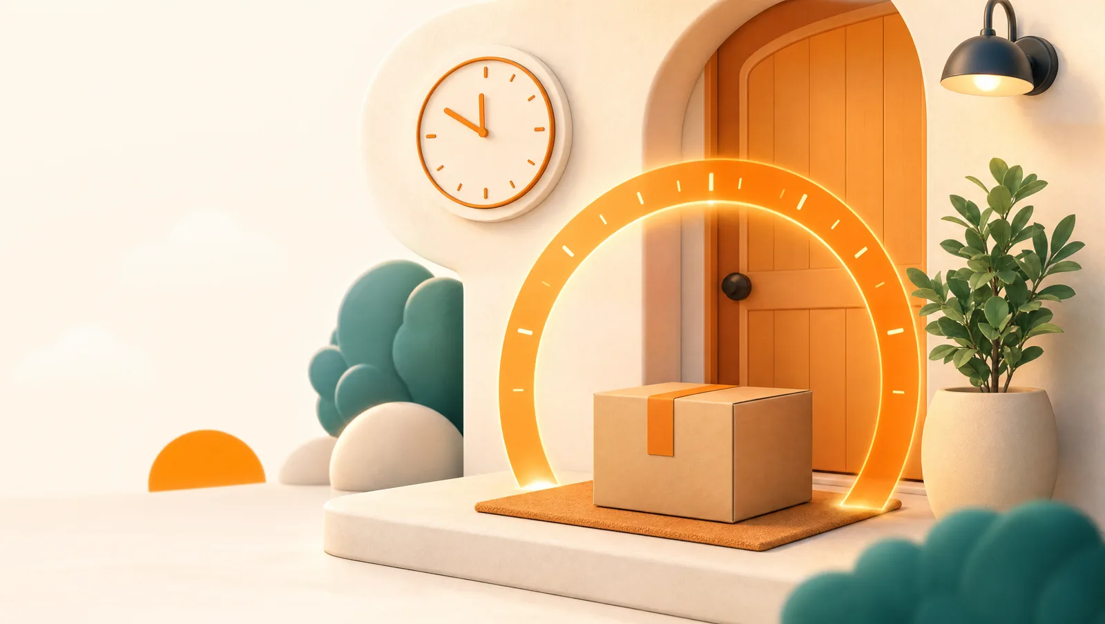 A parcel resting on a doormat at an arched front door, framed by a glowing orange clock arc marking a promised delivery time slot
