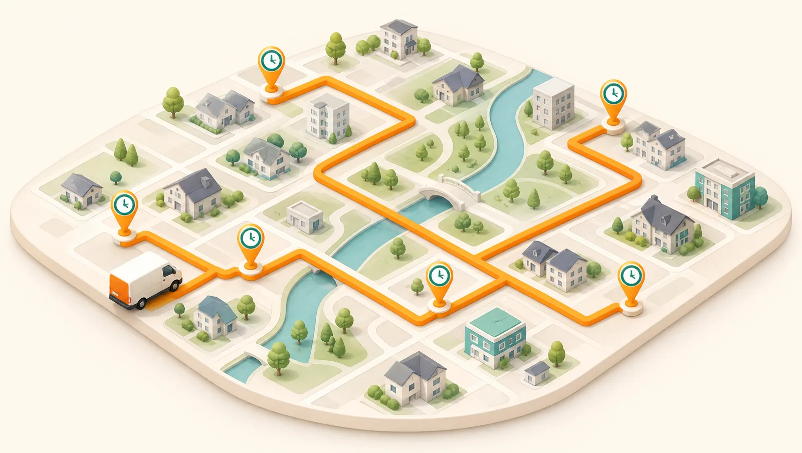An isometric neighbourhood where an orange delivery route doubles back and crisscrosses because several pins carry clock badges marking fixed time slots