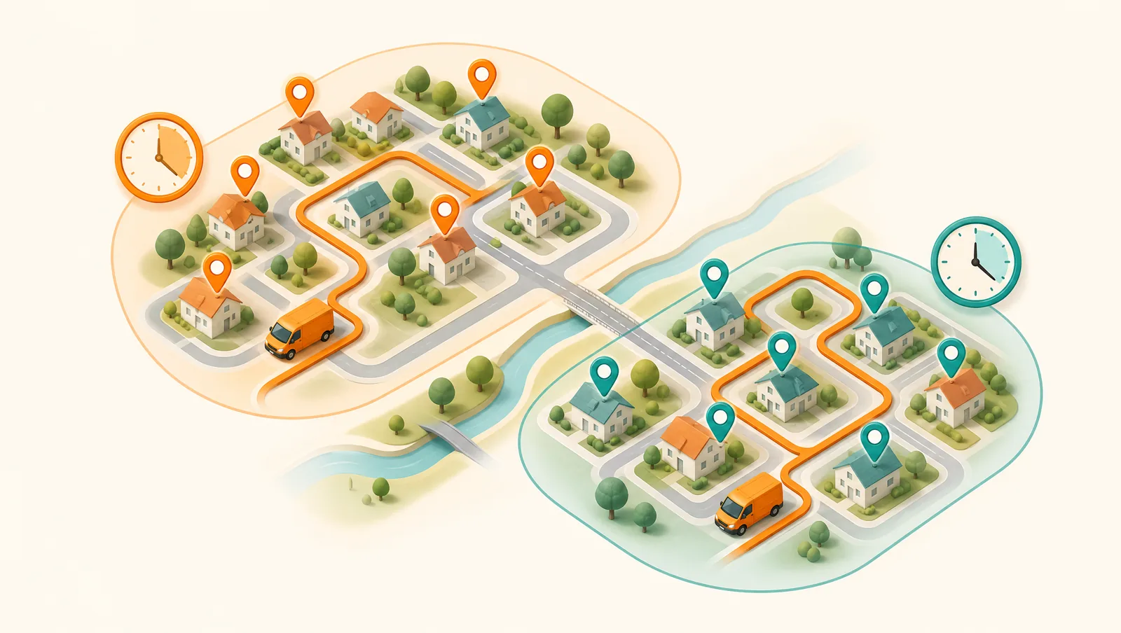 A neighbourhood split into two tidy zones, each circled and tagged with a clock, each served by its own clean orange route and van