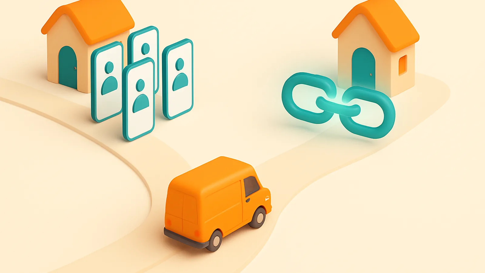 Orange delivery van at a fork between two cozy houses, one path lined with driver phones and one with a shared web-link chain
