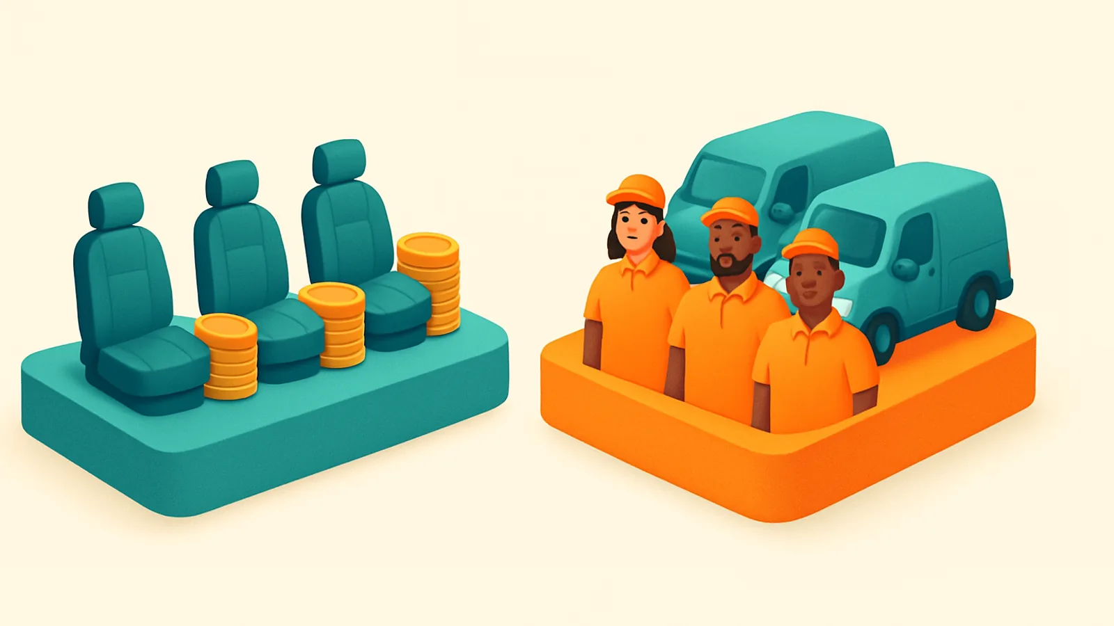 A row of paid driver seats each stamped with a coin beside a single flat platform holding a whole delivery team