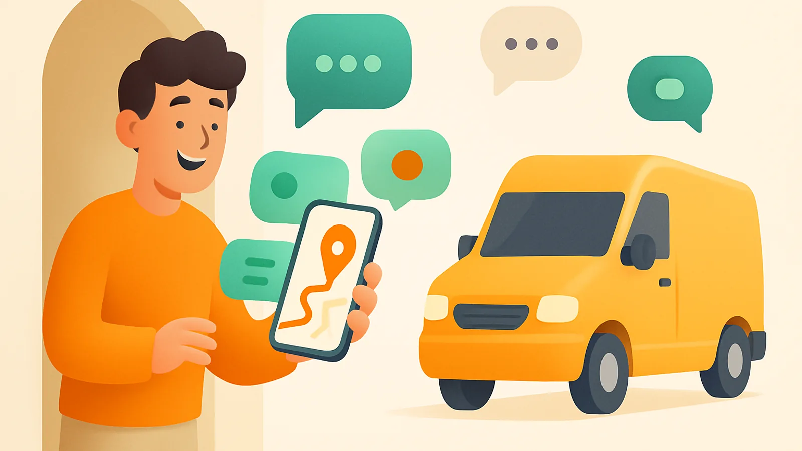 Customer at a doorway reading a phone with delivery chat bubbles, a map pin and an approaching orange van