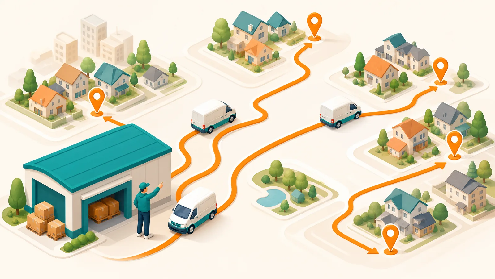 Dispatcher at a depot sending three delivery vans out along separate orange routes to different neighbourhoods