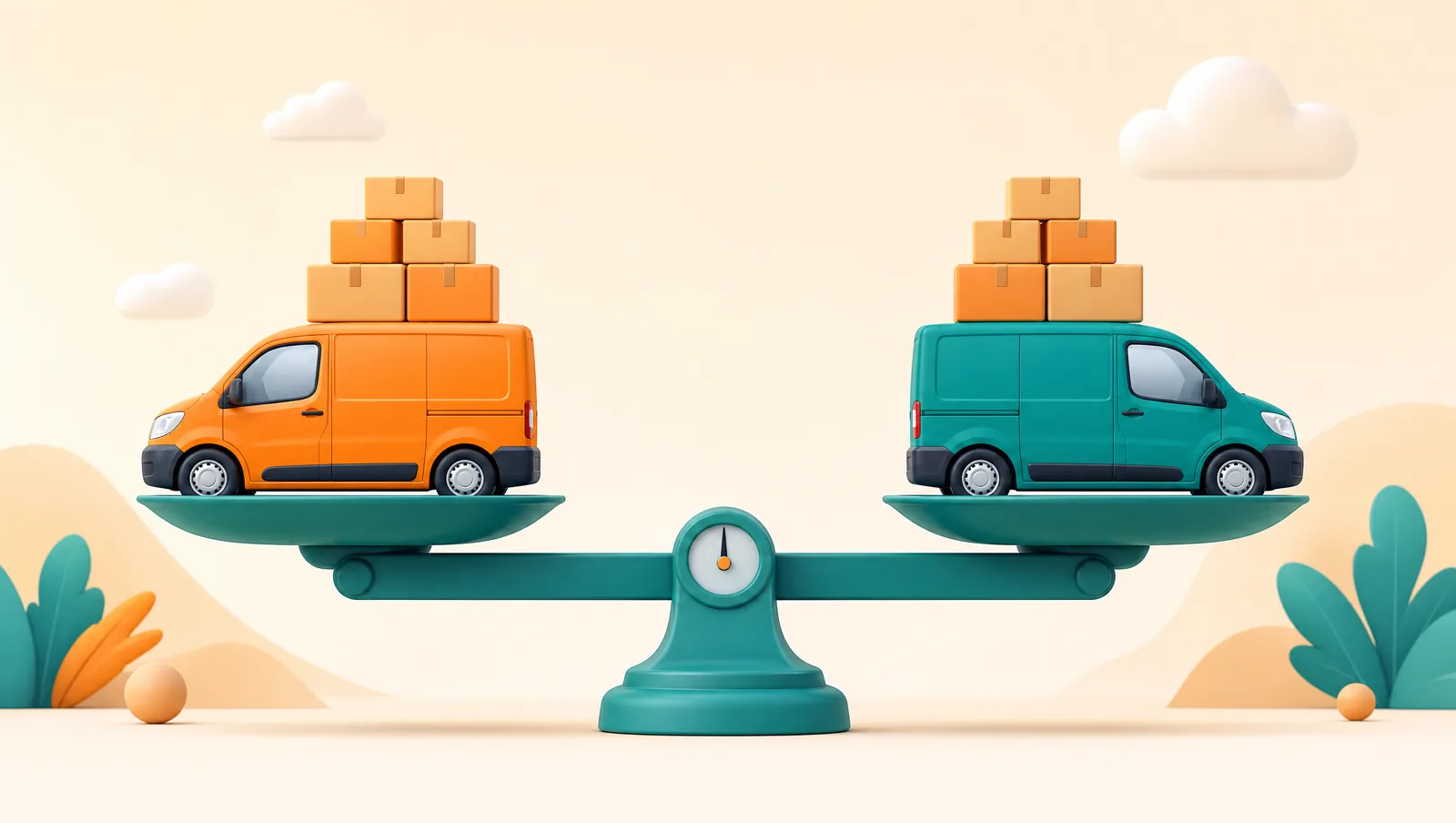 Two delivery vans with equal parcel loads resting on a balanced weighing scale
