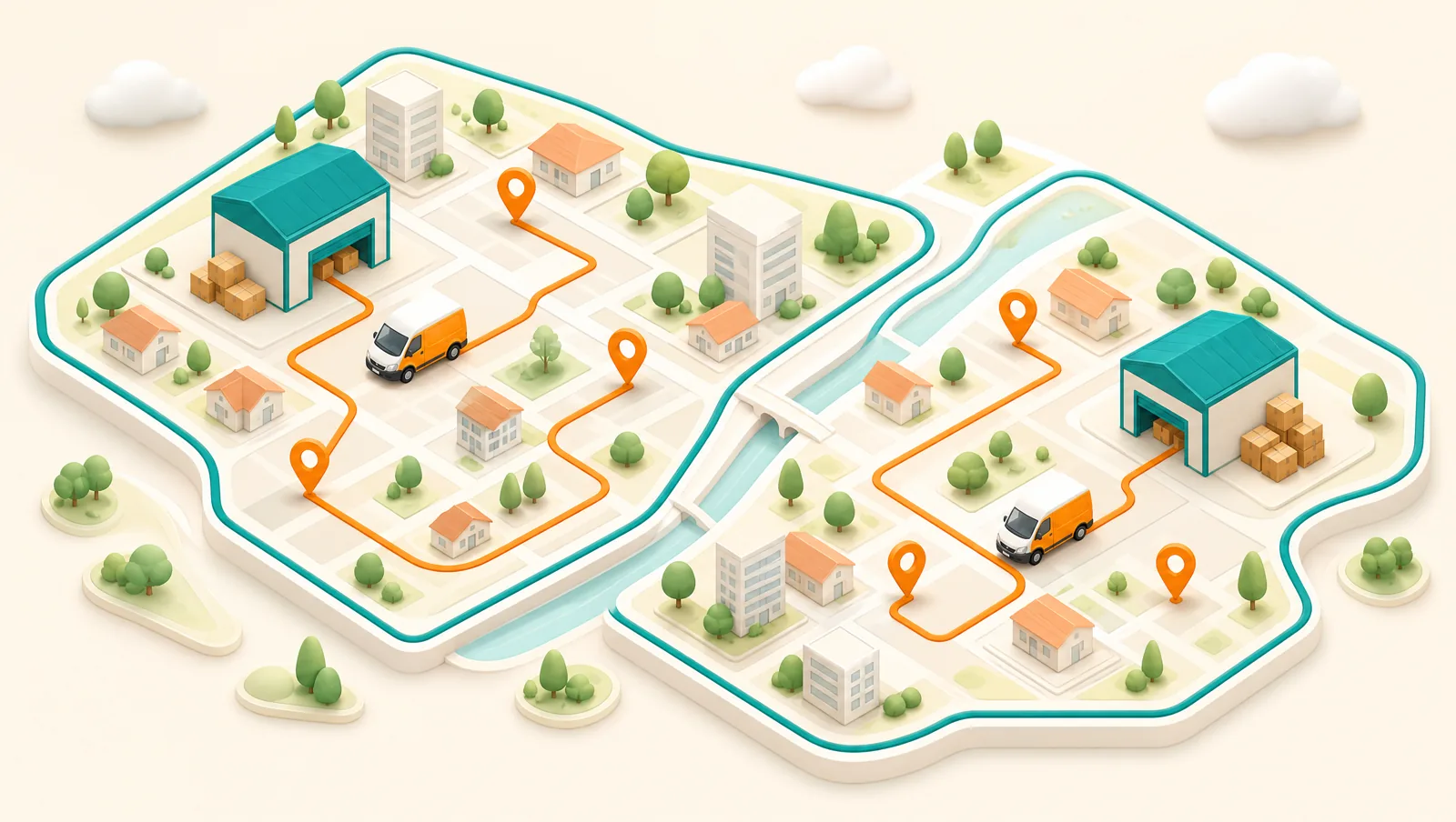 City map divided into two teal delivery zones, each with its own warehouse and delivery van on an orange route