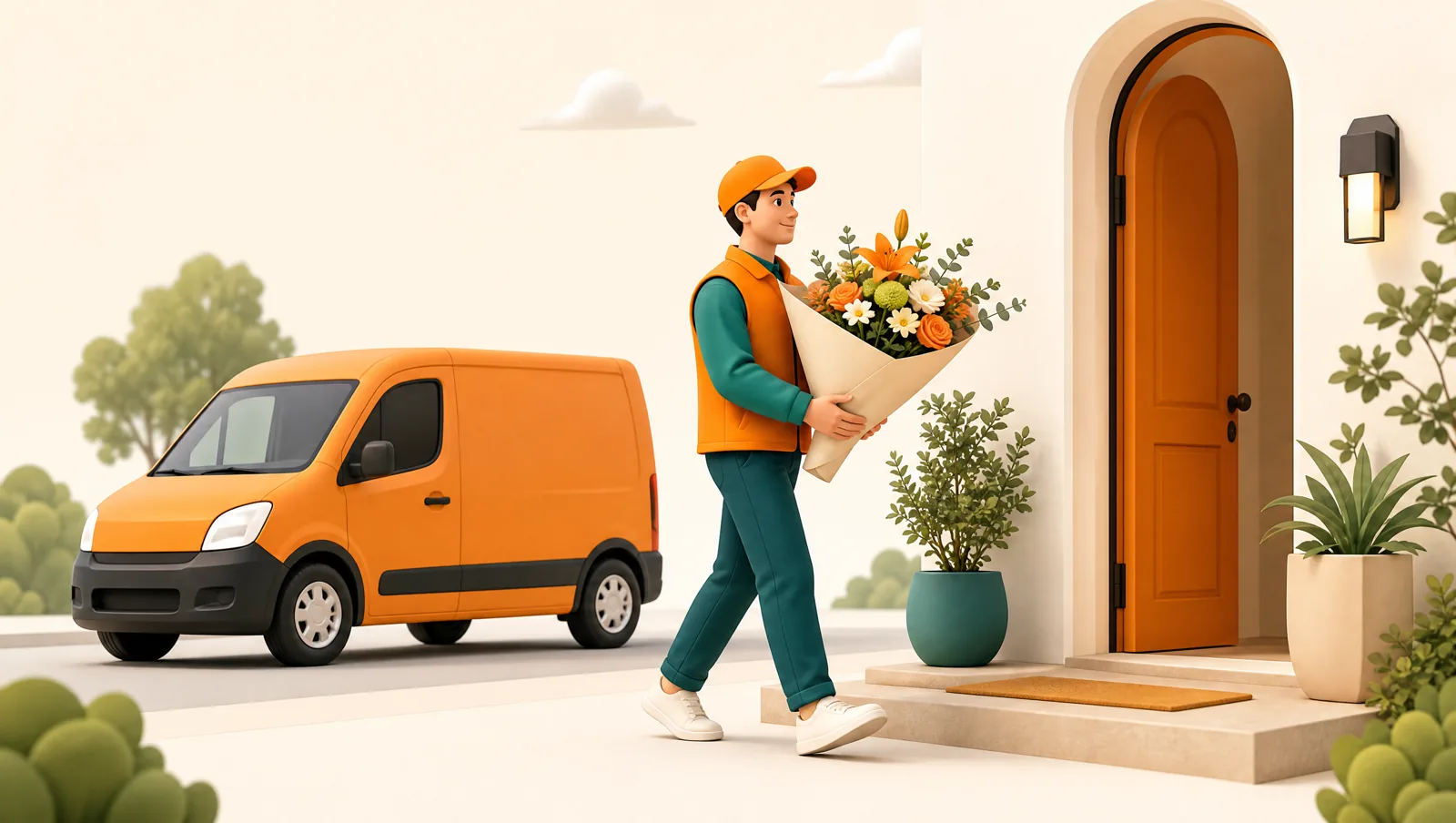 A florist delivery driver carrying a fresh bouquet to a customer’s front door, with a delivery van parked behind