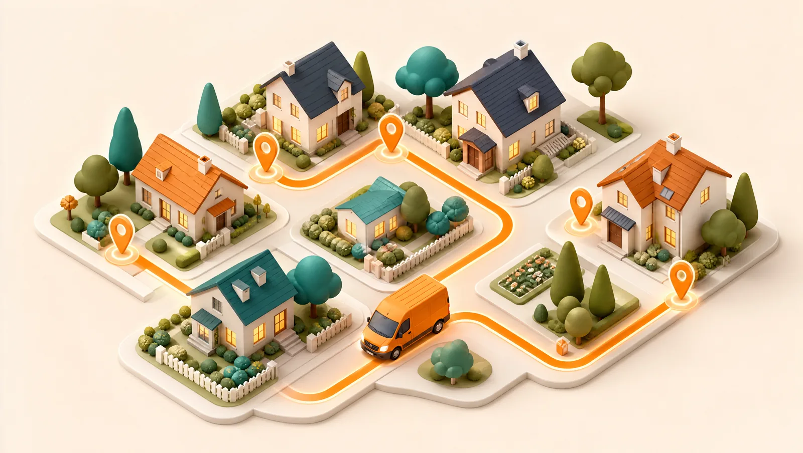 An overhead view of a neighbourhood with an optimized delivery route line connecting several map pins between houses
