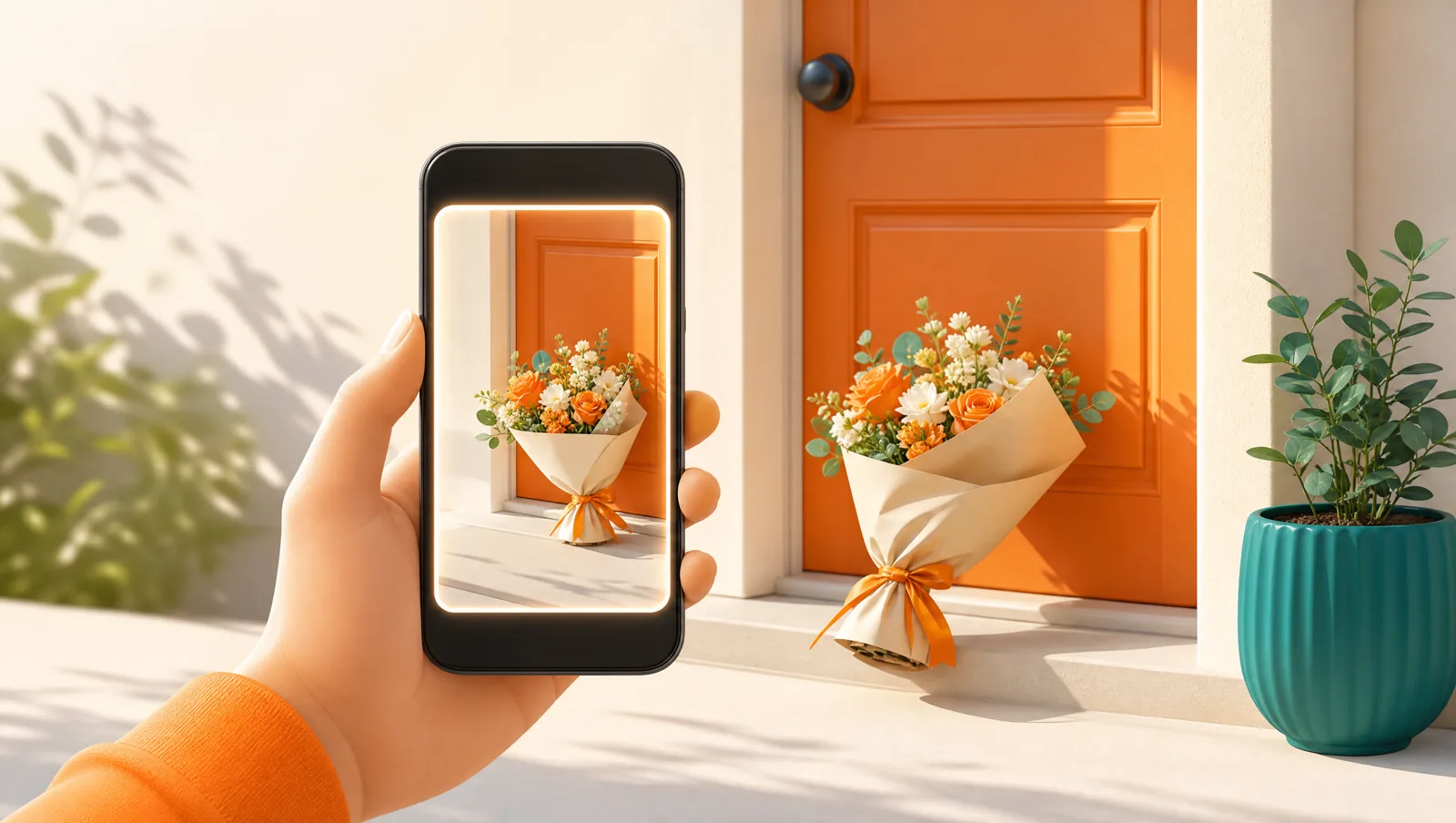 A delivery driver photographing a wrapped bouquet left on a doorstep as proof of delivery