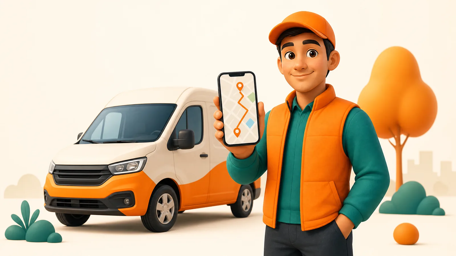Delivery driver beside a compact van holding up a phone showing an optimized route with orange map pins