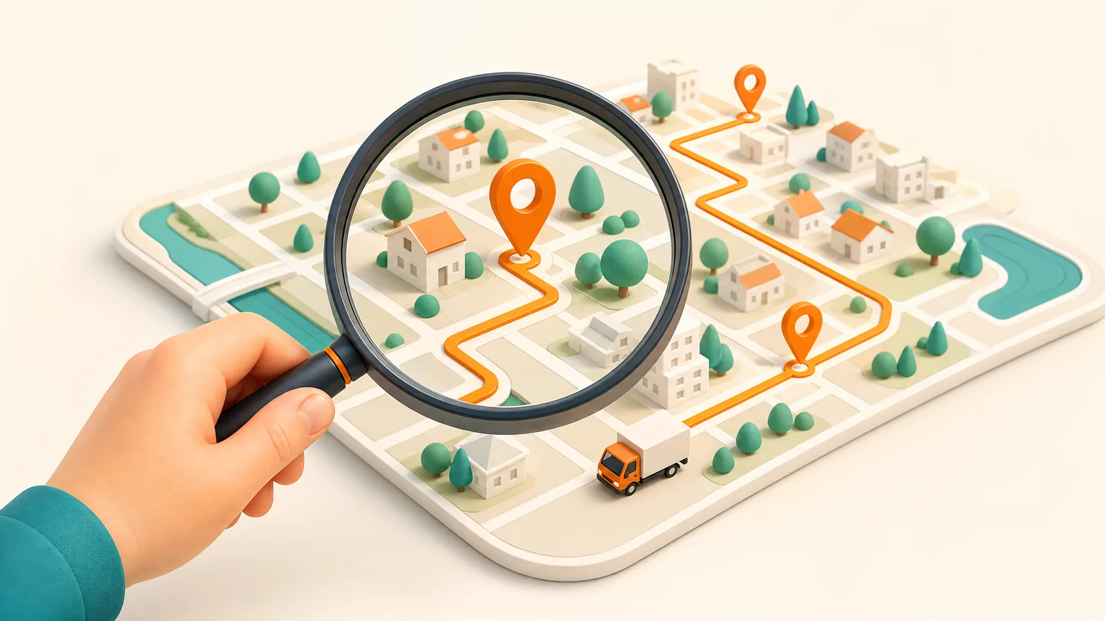 Hand holding a magnifying glass over an isometric neighbourhood map with an orange delivery route and pins