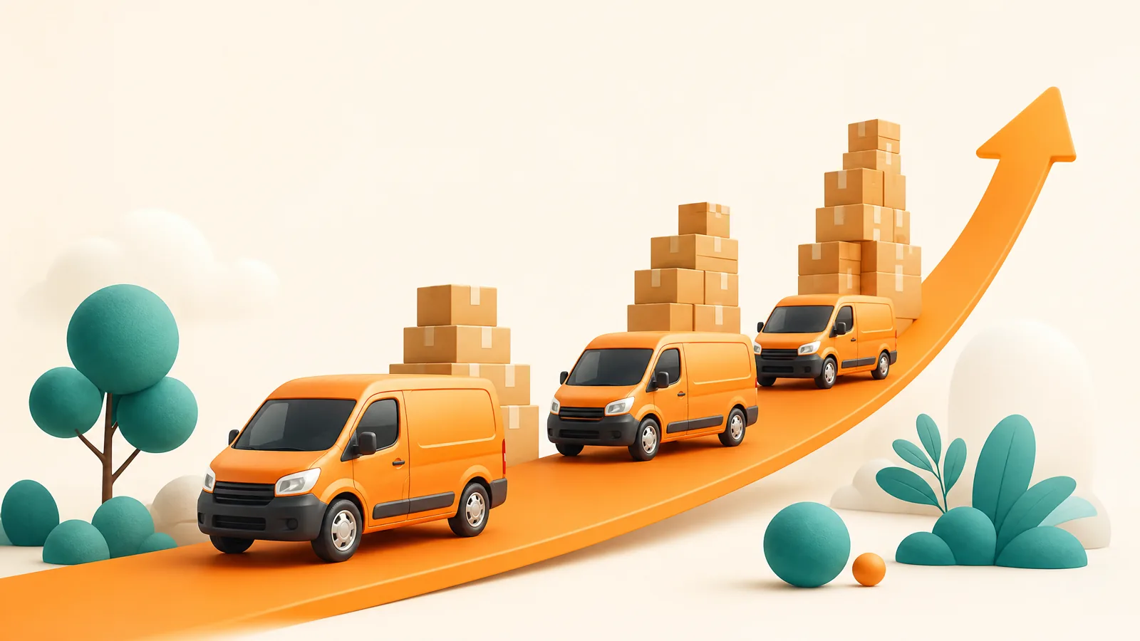 Growing fleet of orange delivery vans climbing an upward-curving path with rising stacks of parcels