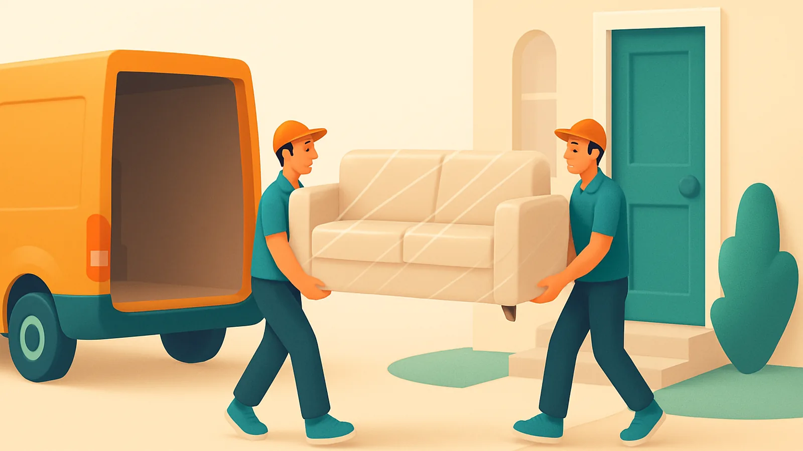 Two delivery crew members carrying a large wrapped sofa from an open delivery van up a short path to a customer’s front door