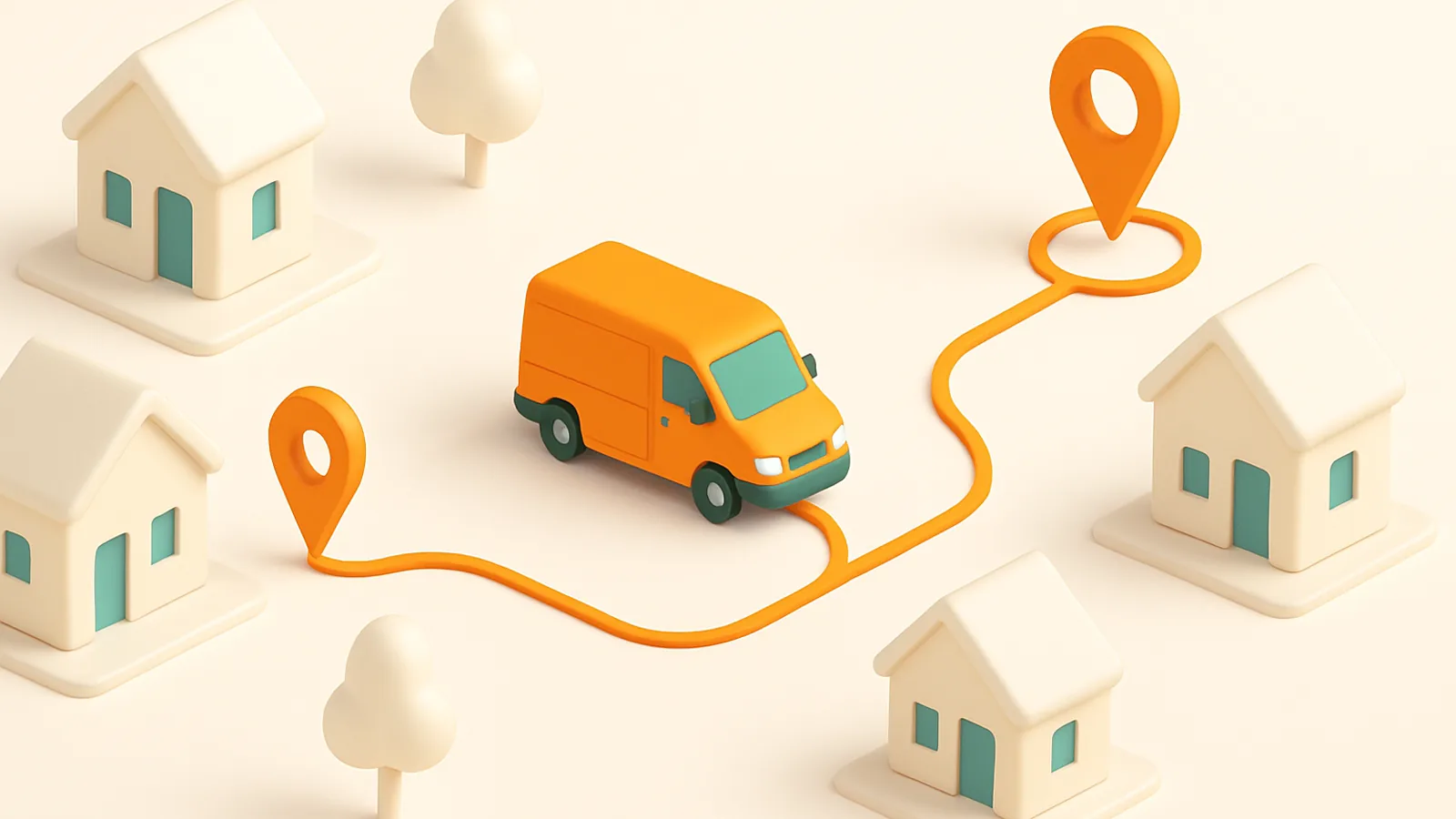 Isometric neighbourhood with a single delivery van following an orange route line between homes marked by orange map pins, one pin ringed to show a booked appointment slot