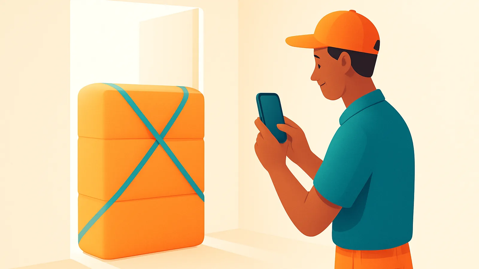 Delivery crew member photographing a large wrapped furniture piece placed just inside a bright doorway, phone in hand