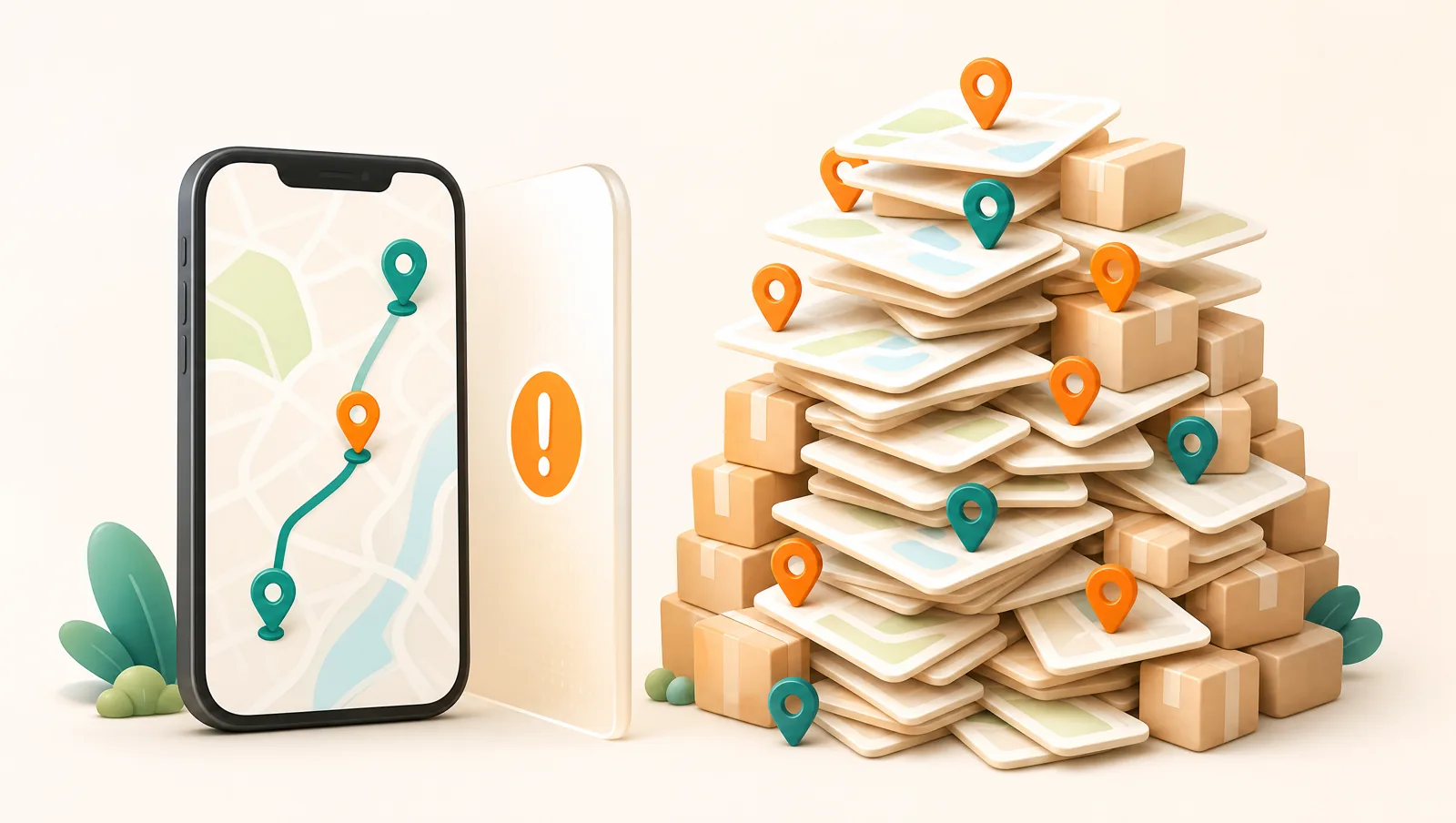 A phone showing a short three-stop navigation route beside a toppling pile of extra map cards, parcels, and pins that will not fit