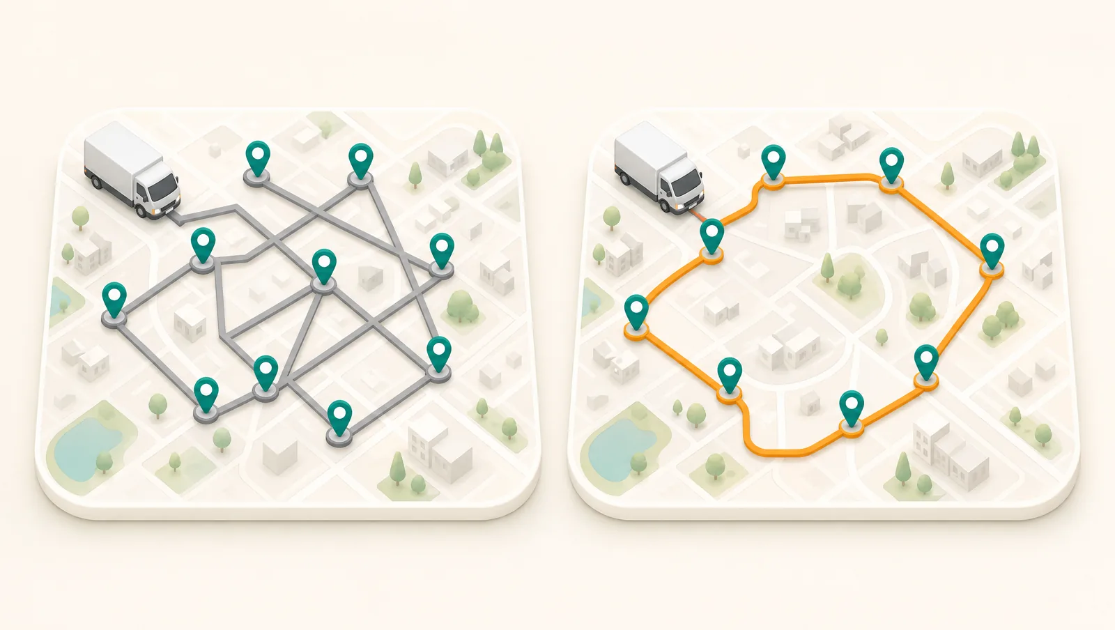 Two map panels side by side: a tangled grey crossing route through pins on the left, a clean optimized orange loop through the same pins on the right